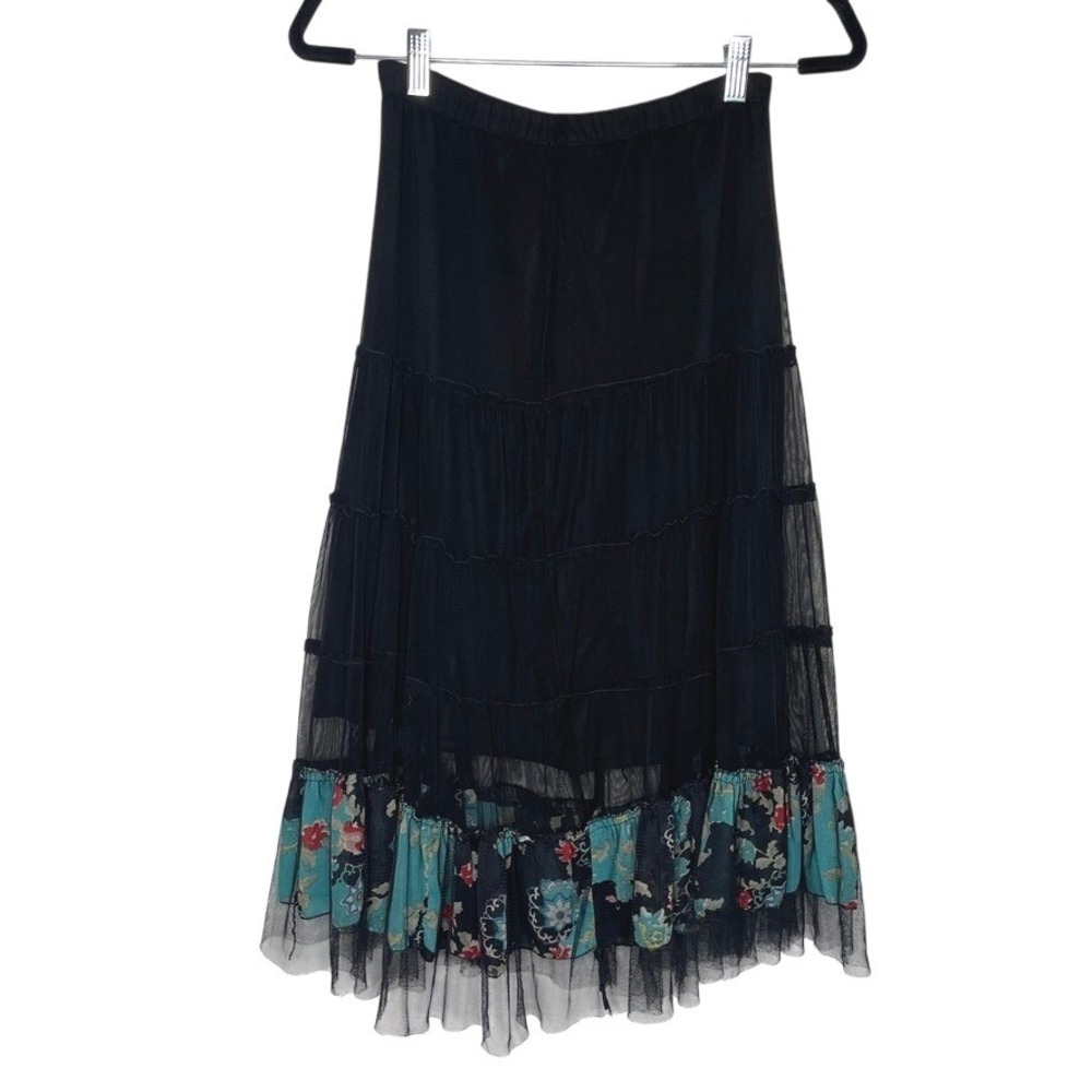 Unbranded Tiered Mesh Skirt Womens Medium Black Floral Whimsigoth Midi Boho